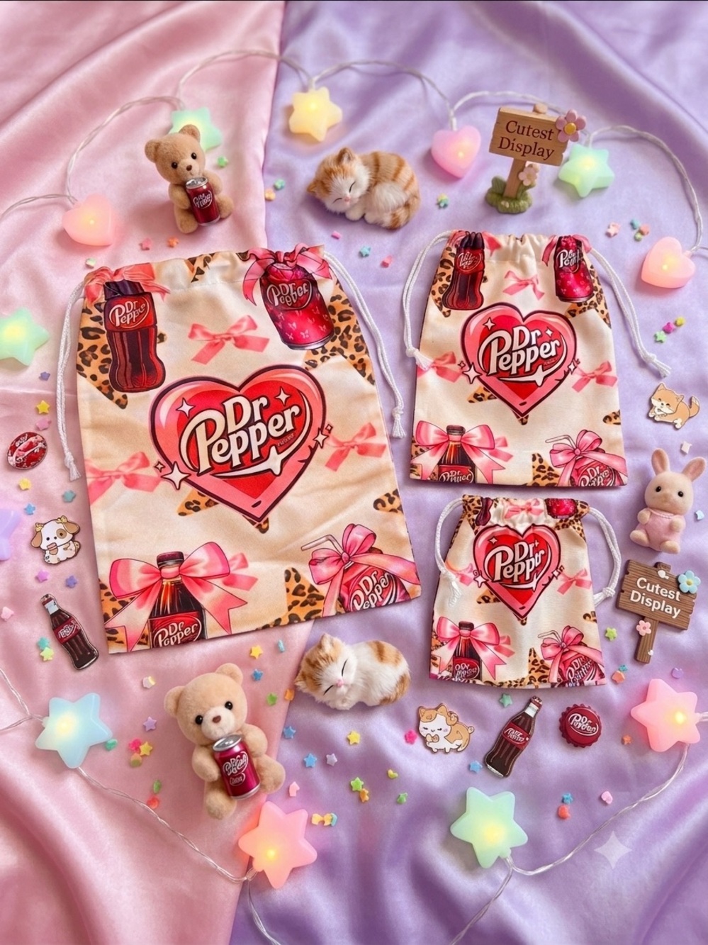 Dr Pepper Heart Drawstring Bag Set - Pink Cream Leopard Print 3 PC